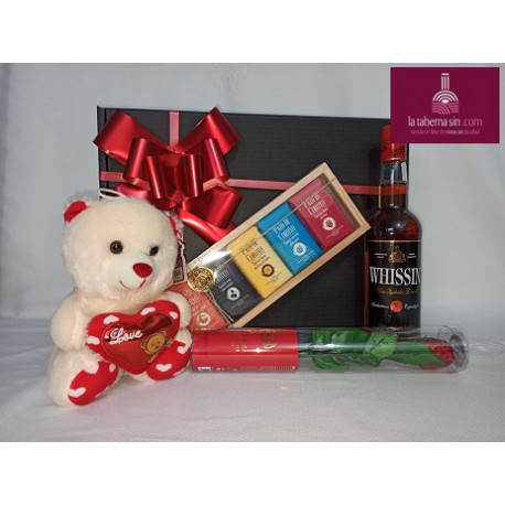 ROMÁNTICA CAJA CON WHISSIN, CHOCOLATE Y PELUCHE